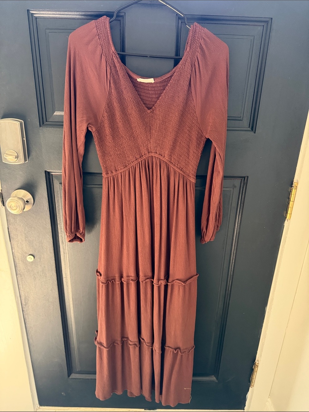Smocked V-Neck Long Sleeve Maxi Dress - Brown